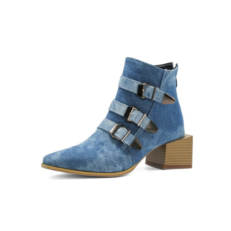 Women Denim Tie Dye Buckles Block Heel Short Boots