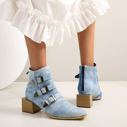 Women Denim Tie Dye Buckles Block Heel Short Boots