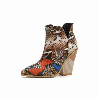 Women Crocodile Pattern Pointed Toe Chunky Heel Short Boots