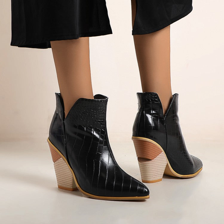 Women Crocodile Pattern Pointed Toe Chunky Heel Short Boots