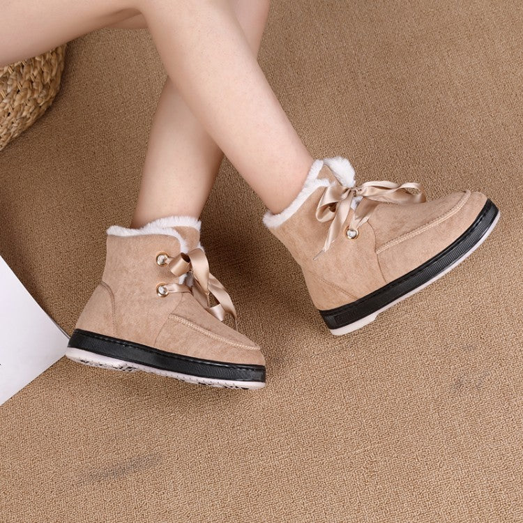 Women Winter Lace Up Fur Short Snow Boots