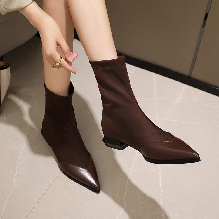 Women Pointed Toe Low Heel Mid Calf Boots