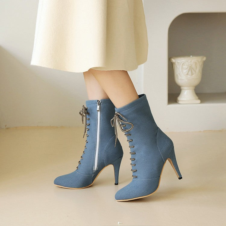 Women Denim High Heels Short Boots