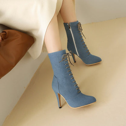 Women Denim High Heels Short Boots