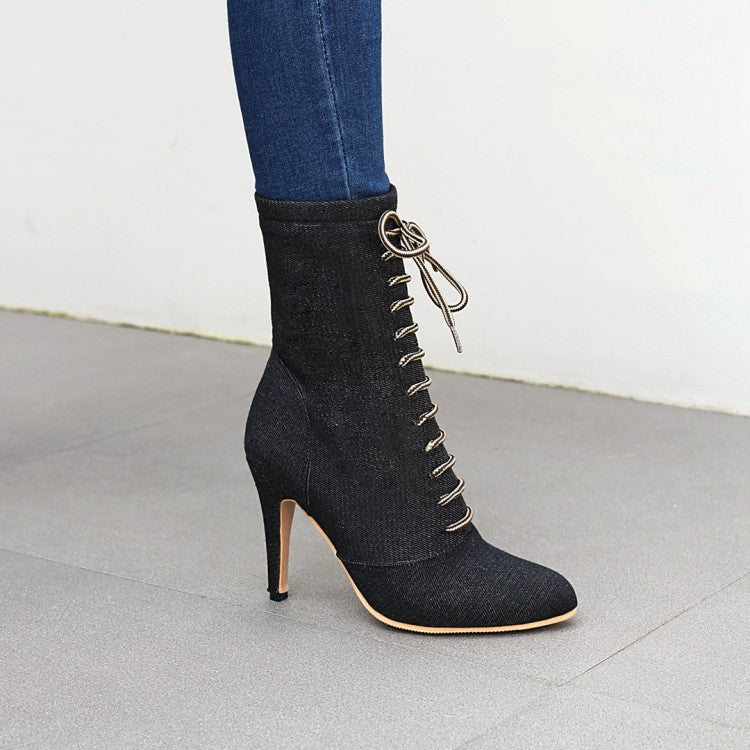 Women Denim High Heels Short Boots