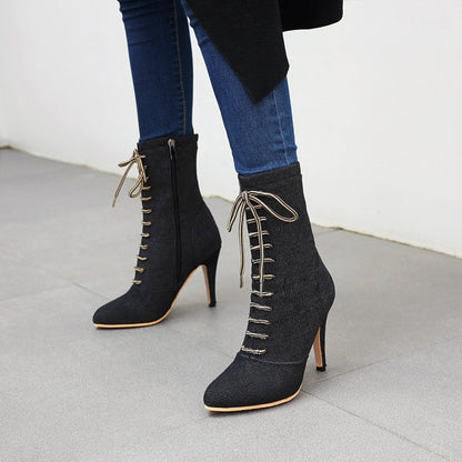 Women Denim High Heels Short Boots