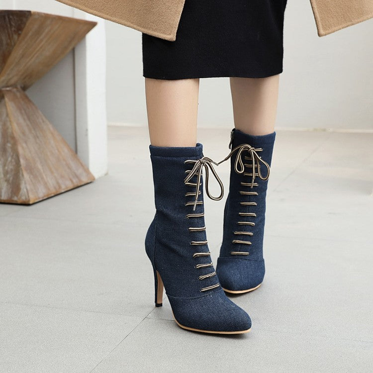 Women Denim High Heels Short Boots