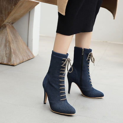 Women Denim High Heels Short Boots