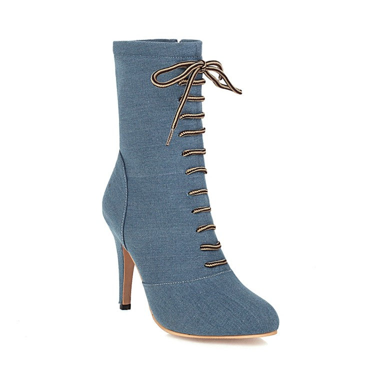 Women Denim High Heels Short Boots