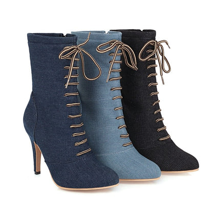 Women Denim High Heels Short Boots