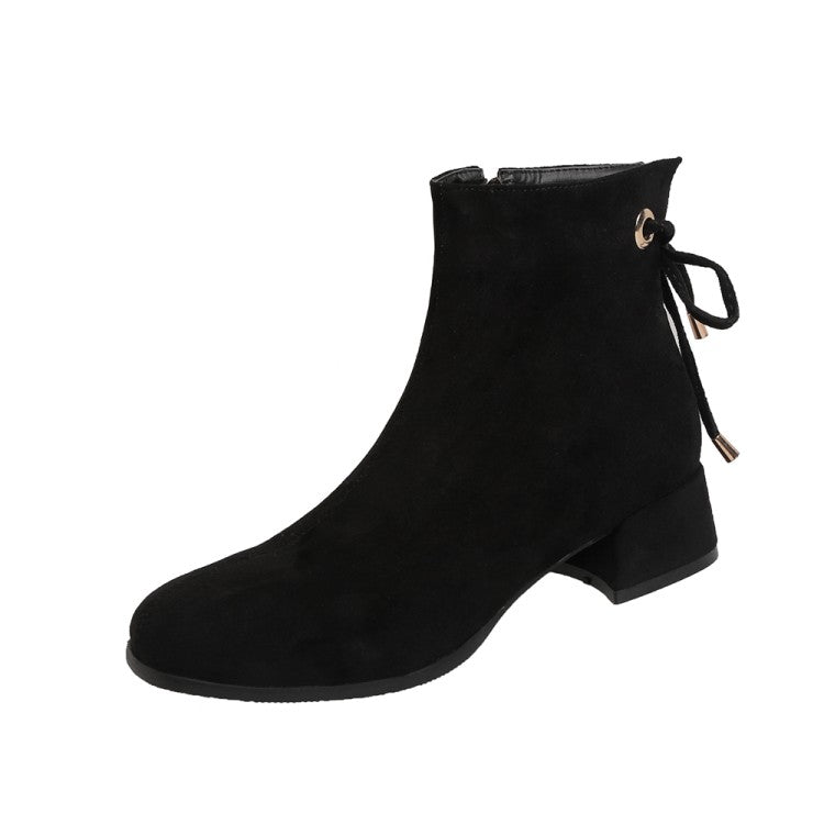 Women Flock Back Tied Straps Block Heel Side Zippers Short Boots