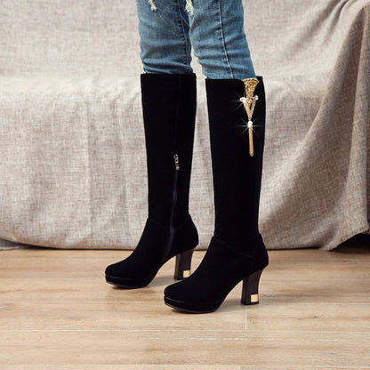 Flock Rhinestone Tassel Spool Heel Platform Knee High Boots for Women