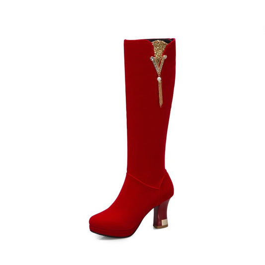 Flock Rhinestone Tassel Spool Heel Platform Knee High Boots for Women