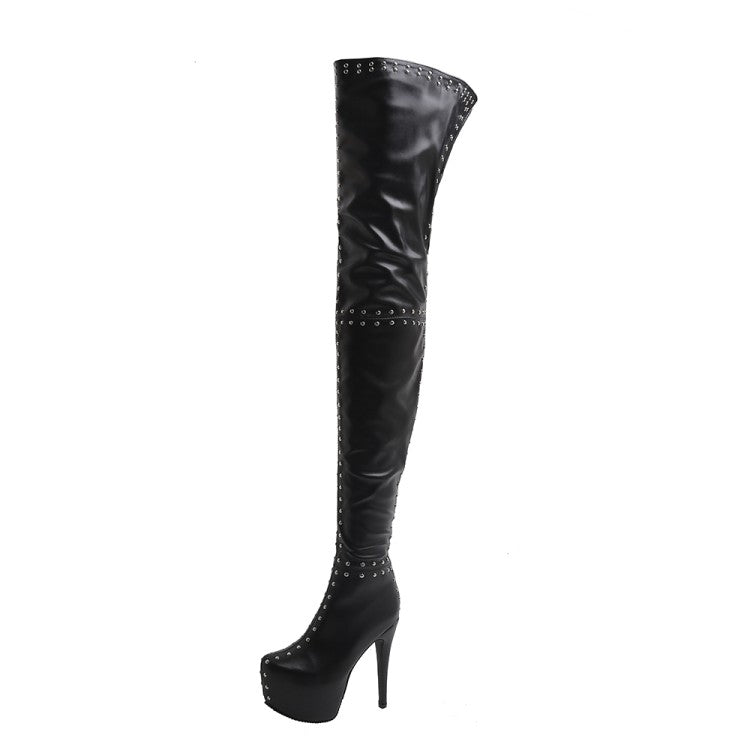 Women Pu Leather Round Toe Rivets Patchwork Stiletto Heel Platform Over the Knee Boots