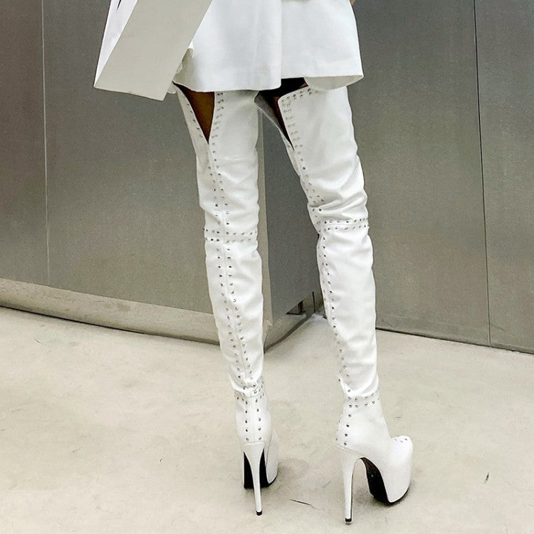 Women Pu Leather Round Toe Rivets Patchwork Stiletto Heel Platform Over the Knee Boots