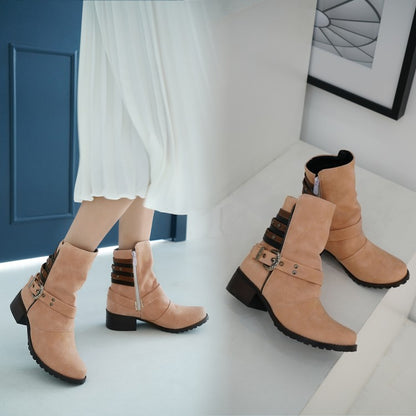 Women Buckle Belt Low Heels Short Boots