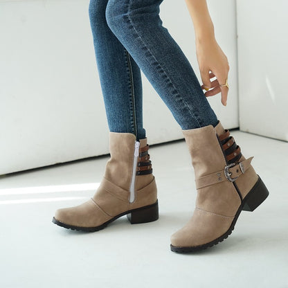 Women Buckle Belt Low Heels Short Boots