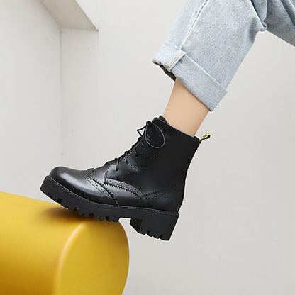 Women Lace Up Laser Block Heel Platform Short Boots