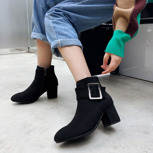 Women Flock Buckle Zipper Block Heel Short Boots