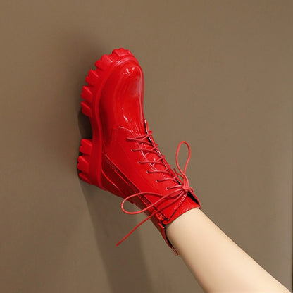 Women Glossy Lace Up Side Zippers Block Heel Platform Short Boots