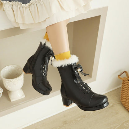 Women Bowtie High Heel Short Snow Boots