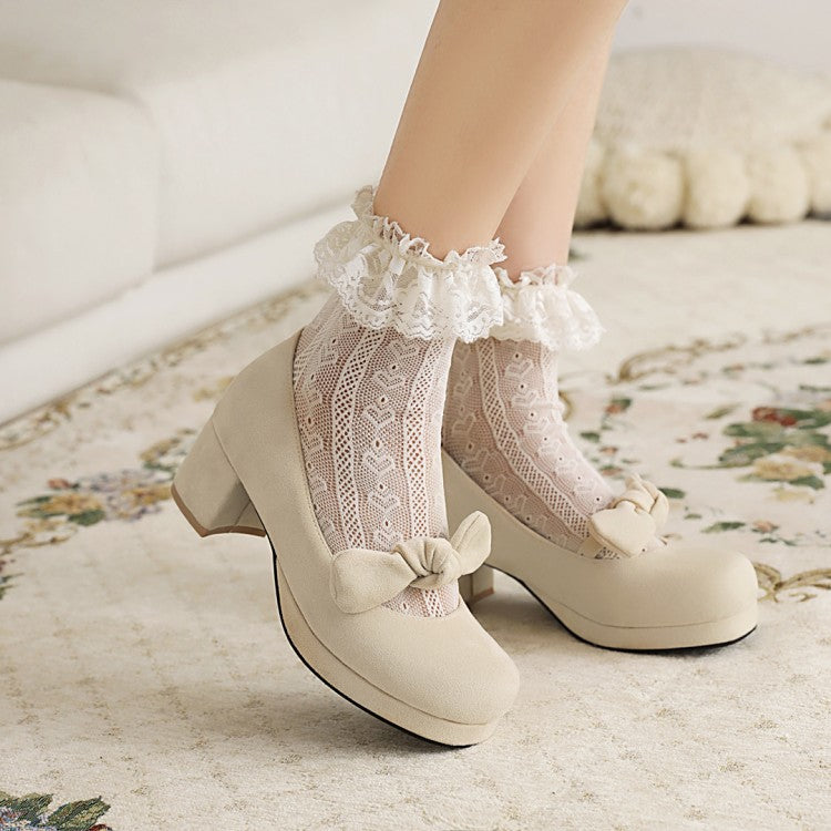 Women Bowtie Chunky Heels Pumps Shoes