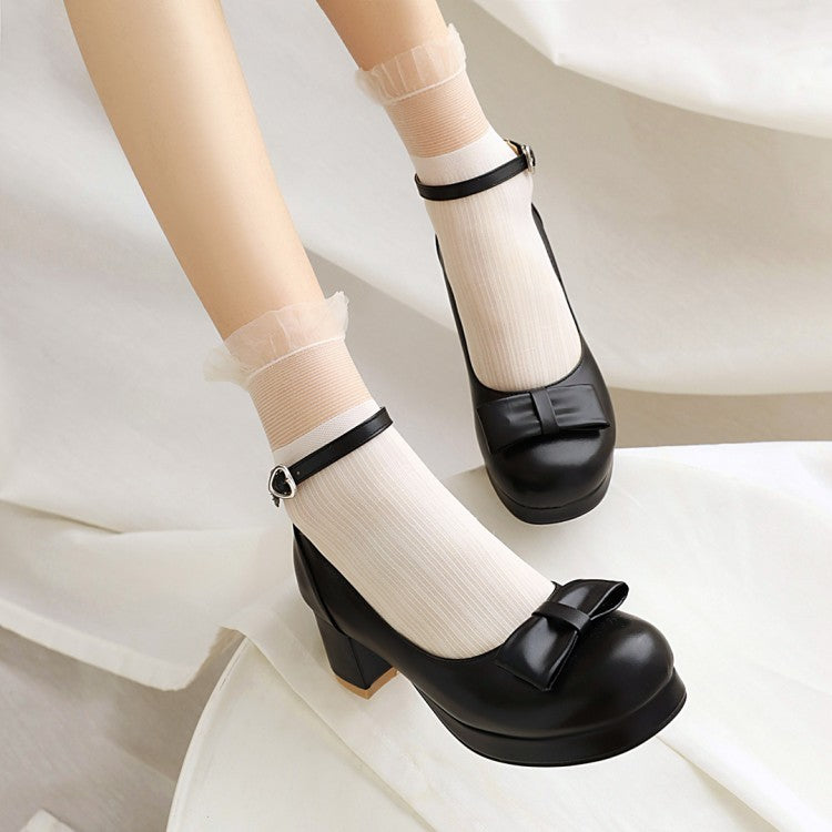 Women Ankle Strap Bow Chunky Heels Pumps Shoes