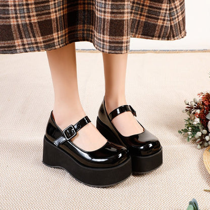 Women Patent Leather Mary Jane Platform Wedge Heels Shoes