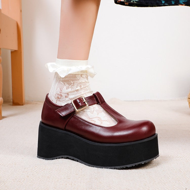 Women T Strap Platform Wedge Heels Shoes