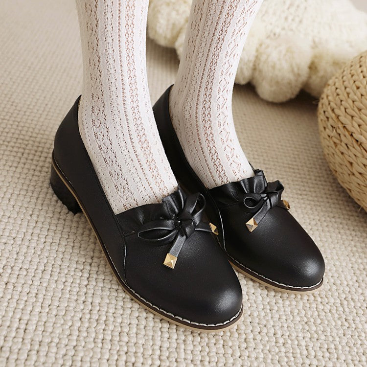 Women Bow Chunky Low Heels Pumps