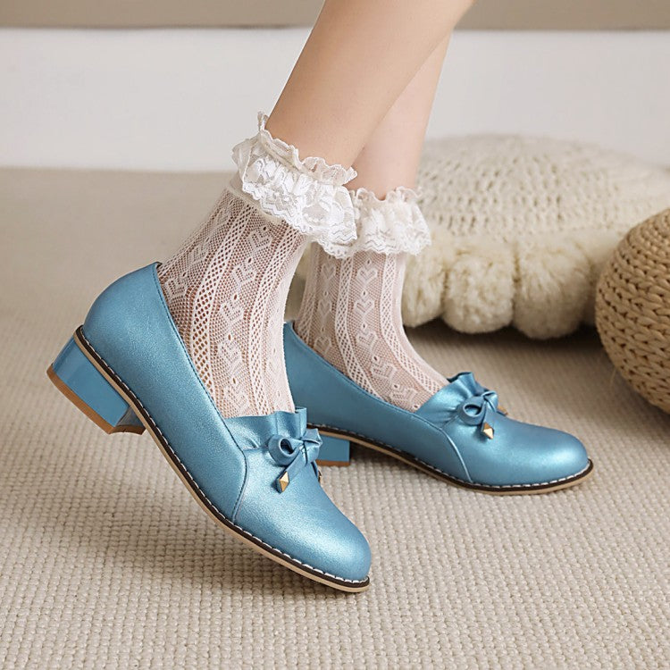 Women Bow Chunky Low Heels Pumps