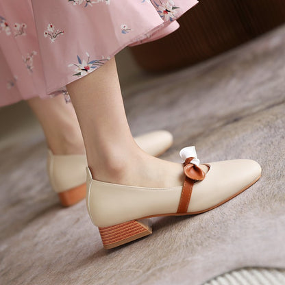 Women Bowtie Middle Heel Mary Jane Pumps