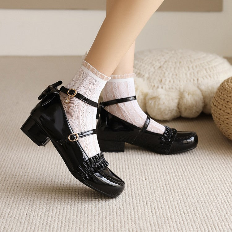 Women Ankle Strap Bowtie Middle Heel Pumps