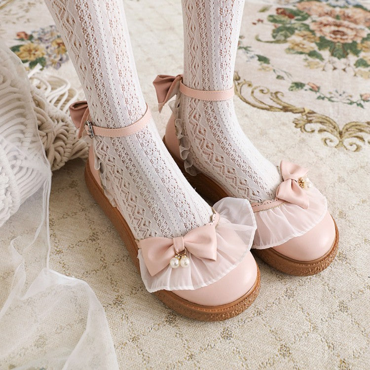 Women Ankle Strap Bowtie Flats Mary Jane Shoes