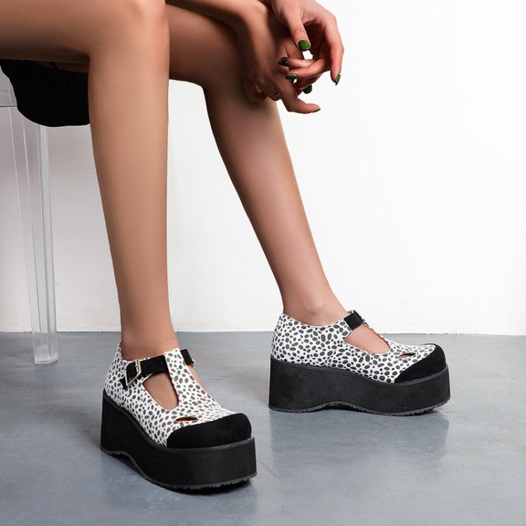 Women T Strap Printed Platform Wedge Heels Shoes