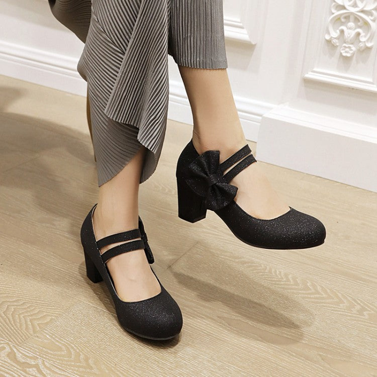 Women Double Strap Bowtie High Heels Chunky Pumps