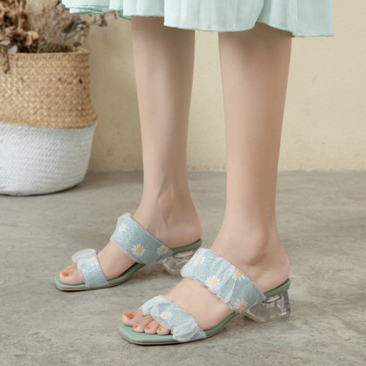 Women Square Toe Lace Crystal Medium Heel Block Heel Slides Sandals