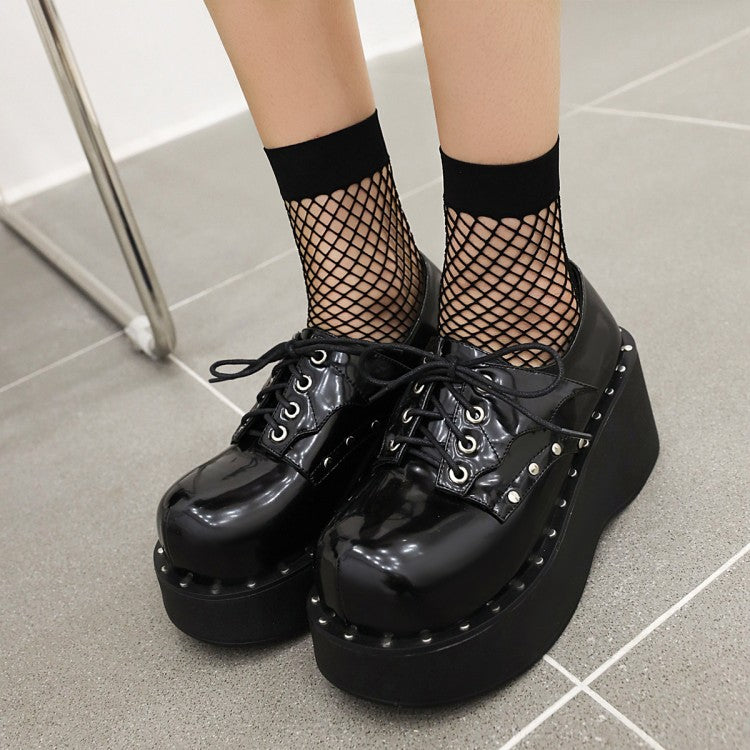 Women Lace Up Rivets Platform Wedge Heels Shoes