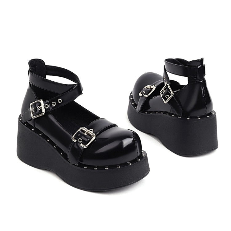 Women Buckle Strap Platform Wedge Heels Shoes