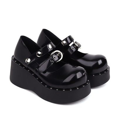 Women Buckle Rivets Platform Wedge Heels Shoes