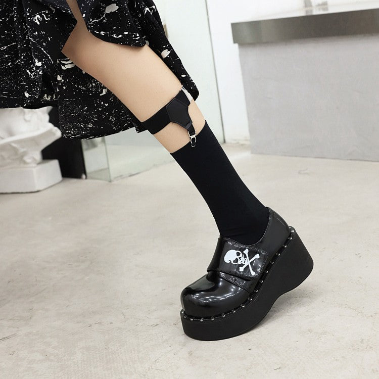 Women Skull Printed Platform Wedge Heels Shoes