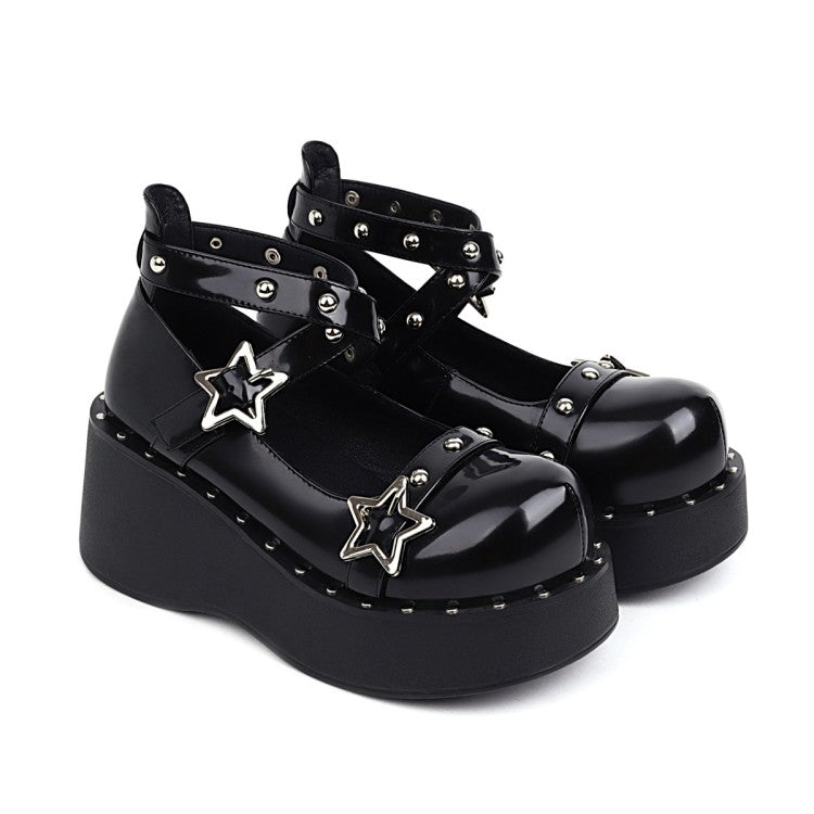 Women Star-shaped Rivets Platform Wedge Heels Shoes