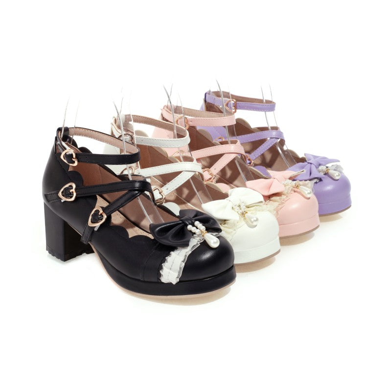 Women Lolita Bowtie Chunky Heel Pumps