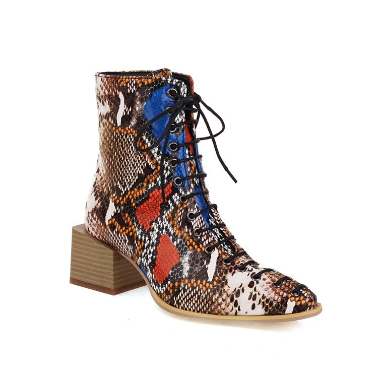 Women Colorful Printed Lace Up Block Heel Short Boots