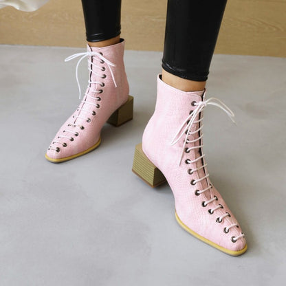 Women Colorful Printed Lace Up Block Heel Short Boots