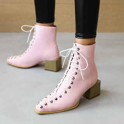 Women Colorful Printed Lace Up Block Heel Short Boots