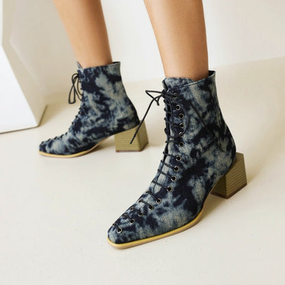 Women Colorful Printed Lace Up Block Heel Short Boots