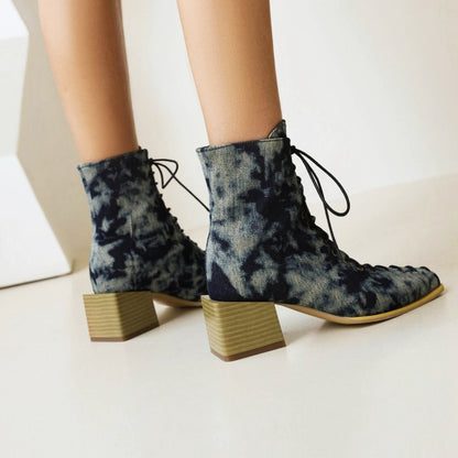 Women Colorful Printed Lace Up Block Heel Short Boots