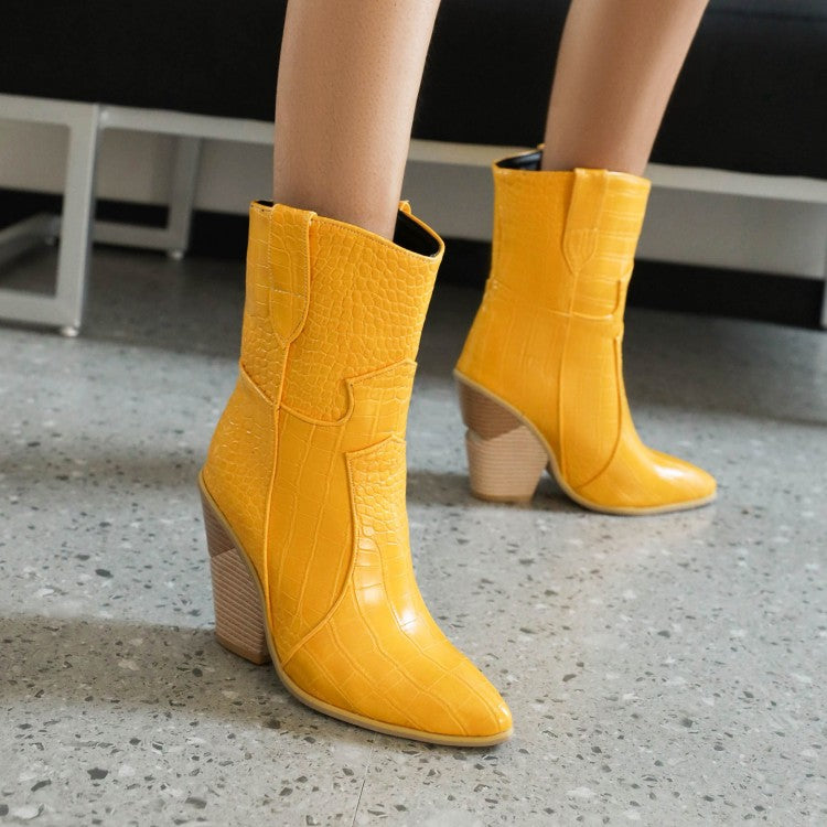 Women Crocodile Pattern Stitch Block Chunky Heel Short Boots