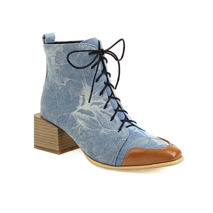 Women Bicolor Lace Up Block Low Heel Short Boots